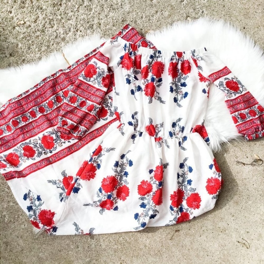 Floral White and Red Maxi Off the Shoulder Dress